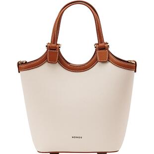 红谷包包女式新款撞色牛皮单肩手提包小众设计通勤菜篮子包女士包