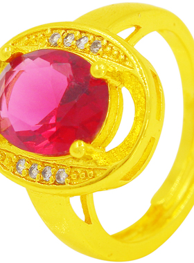 沙金戒指女开口镀金镶祖母绿蓝红宝石戒指生日礼物仿黄金指环