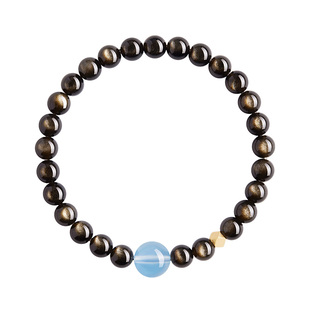 庆祥泰黑曜石手串女款正品金曜石五行补水天然海蓝宝手链毕业礼物