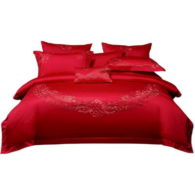 120S长绒棉婚庆四件套大红色刺绣