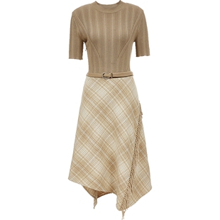 ONLY2026春季新款拼接针织衫面料垂坠丝滑A字短袖中长裙连衣裙女