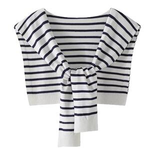 拉夏贝尔/La Chapelle薄款条纹针织披肩衬衫外搭搭肩配裙子小坎肩