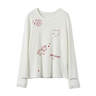 淘么淘 可可爱爱 红字母植绒小马蕾丝花边袖磨毛长袖T恤上衣新款