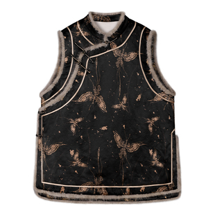 中国丝绸隆鹊[水墨蝶影]皮子香云纱偏襟棉马甲新中式夹桑蚕丝冬款