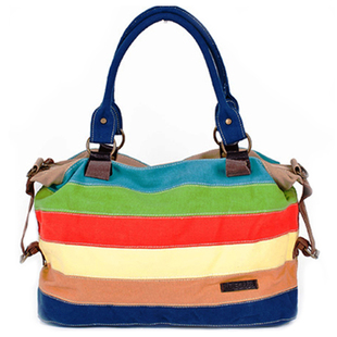春夏季新款女包七彩条纹彩虹单肩包斜挎包韩版休闲清新文艺帆布包
