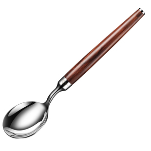 高颜值高档红贵宝木柄餐勺304不锈钢尖头勺子吃饭汤勺加深圆头勺