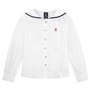 暇步士童装女童长袖衬衫儿童娃娃领上衣春秋新品中大童衬衣学院