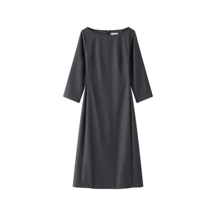 Into Fiction 50%可机洗羊毛瑞秋裙深灰色通勤修身七分袖连衣裙