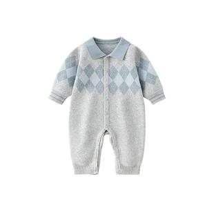 凡猎婴儿衣服秋装新生男宝宝帅气针织连体衣满月百天哈衣爬服秋冬