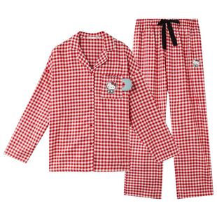 Gukoo/果壳睡衣女新年红品春秋格子女士全棉梭织格纹家居服套装C