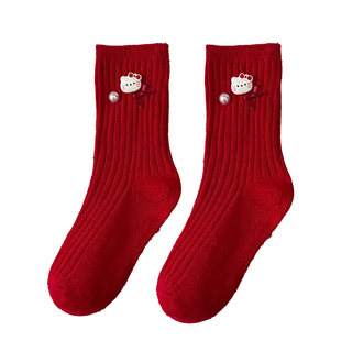 女童袜子新年红袜蕾丝花边中筒袜可爱宝宝洋气本命年大红袜公主袜