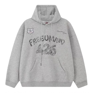 休闲连帽卫衣秋冬美式重磅女字母印花加绒帽衫F426慵懒风上衣
