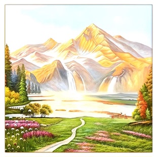 玄关入户金山聚宝盆挂画客厅餐厅方形福禄聚财壁画欧式风景山水画