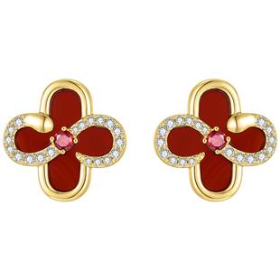 ZEGL天然红玛瑙四叶草耳钉女红色耳环925银高级感轻奢孔雀石耳饰