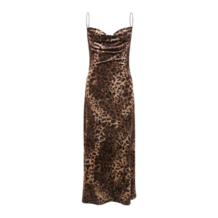 ooh itch痒痒 丝绒豹纹印花吊带连衣裙女修身显瘦性感露背长裙