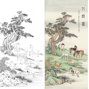 马年国画素材工笔画白描底稿八匹马国画八骏马临摹勾线练习打印稿