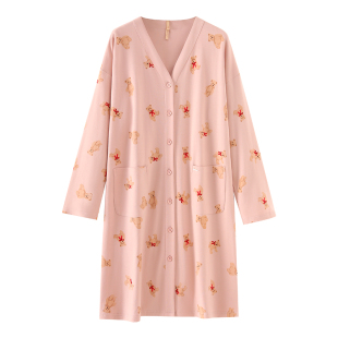 家乐芬睡裙女士睡衣春秋款秋季长袖纯棉薄款开衫长款衬衫大码休闲