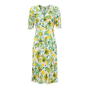 DVF经典茶歇裙植物印花复古绉纱度假连衣裙DS2S002