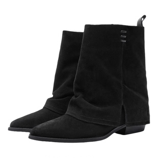 Nine West/玖熙翻折裤管磨砂西部堆堆靴女低跟开叉显腿长中筒单靴
