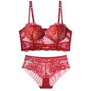红色内衣女结婚新娘套装本命年小胸聚拢显大胸罩蕾丝性感美背文胸