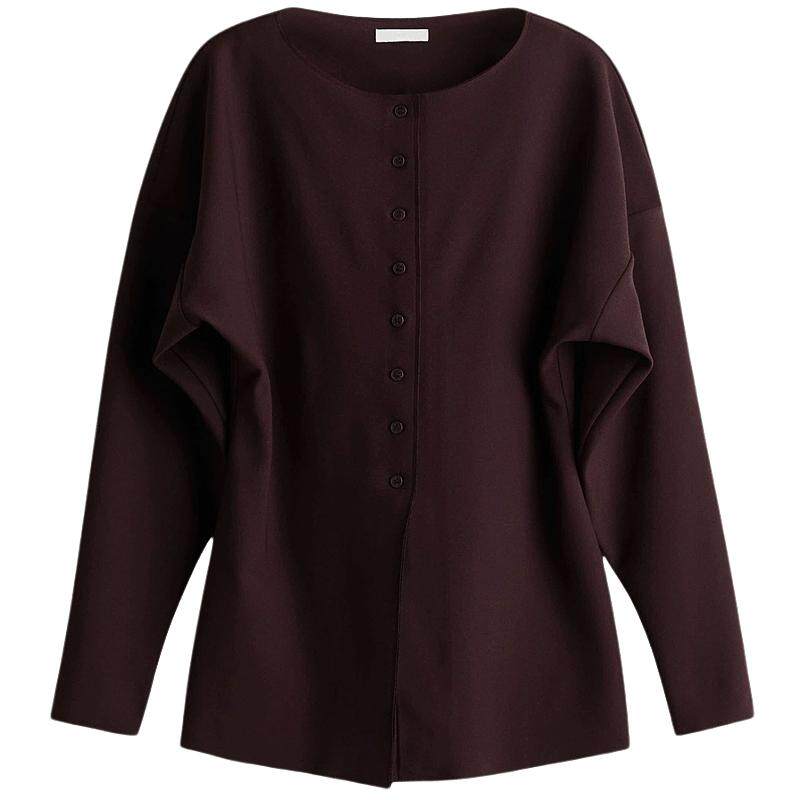 HM女装毛针织衫收腰礼服新年圆领酒红色开衫1293296