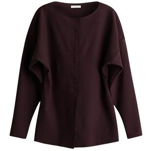 HM女装毛针织衫收腰礼服新年圆领酒红色开衫1293296