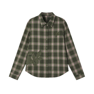 飞鸟和新酒磨毛格纹长袖衬衫女2025冬季新款刺绣翻领复古宽松上衣