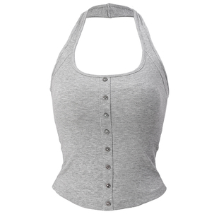 DCW挂脖瑜伽背心女长款修身显瘦带胸垫健身露背性感运动无袖上衣