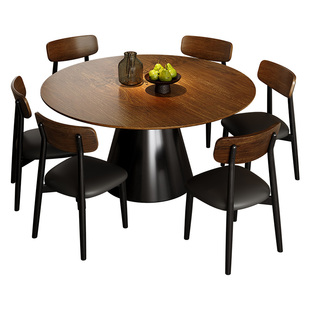 蓝色理想岩板餐桌椅组合法式中古风饭桌家用实木圆桌带转盘新款