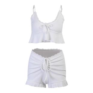 欧美时尚休闲吊带背心包臀短裤女白色纯欲风家居舒适纯棉睡衣套装