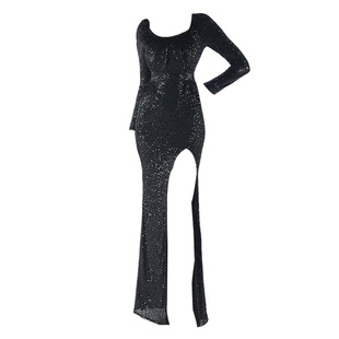 晚礼服女黑色高端奢华轻奢高级感气质名媛宴会亮片长袖长款连衣裙