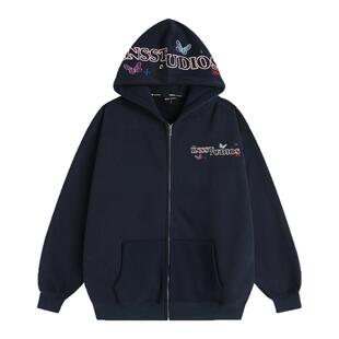 INSstudios 国潮美式「手绘蝴蝶刺绣连帽卫衣」宽松加绒开衫外套