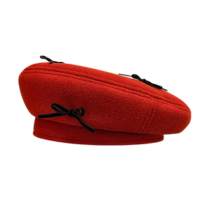 红色新年毛呢贝雷帽女秋冬季复古百搭大头围显脸小蓓蕾帽圣诞帽子