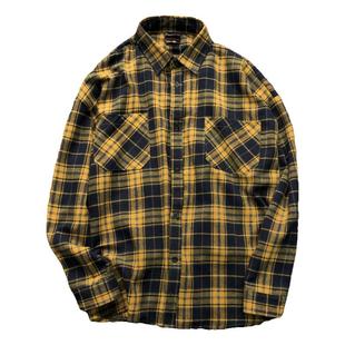 美式复古格子衬衫男黄格上衣女春秋季男生黄色格格衬衣男款外套衫