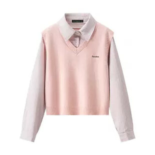 拉夏贝尔/La Chapelle韩系衬衫领假两件针织衫女秋季宽松显瘦上衣