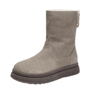 百丽中筒靴毛毛勃肯靴冬新款厚底保暖棉鞋灰色翻毛雪地靴E4K2DDZ5