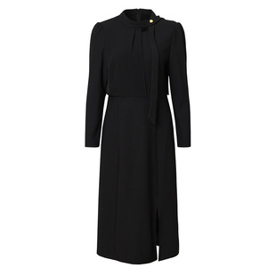 海青蓝 黑色连衣裙秋冬女2025年新款高级设计感女装开叉长袖裙子