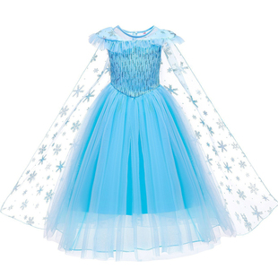 夏女童冰雪奇缘艾莎公主裙可拆披风爱莎长裙cosplay万圣节表演服