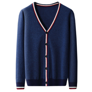 青少年羊绒开衫男初中高中大学生外套青年羊毛衫V领针织毛衣拼色