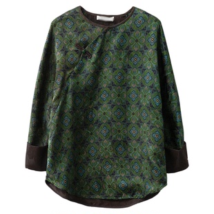 一丝牵 100%桑蚕丝真丝绞萝香云纱提花挽袖宽袖上衣女国风宝相花