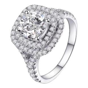 PT950铂金镶嵌莫桑石满钻双层方包满钻戒指粉女款黄钻纯银大气女