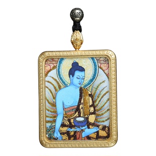 西藏式文玩男女项链编织绳手绘描金药师佛唐卡佛牌挂坠复古毛衣链