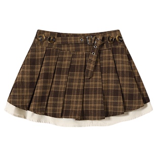 DDXZ夕子 美式复古防走光A字短款百褶裙性感纯欲风棕色格子半身裙