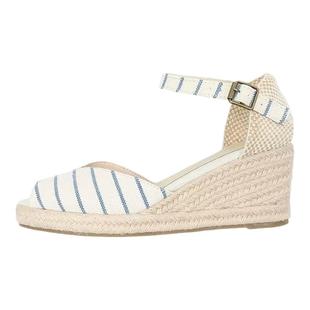 欧美新款坡跟草编松糕厚底罗马绑带渔夫鞋亚麻帆布流苏凉鞋女增高