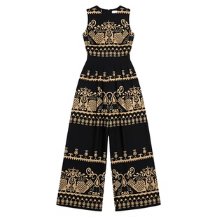 Waist printed sleeveless jumpsuit pants 收腰印花无袖连体长裤