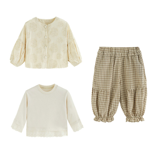 砚台家女童森系马甲三件套春季新款儿童T恤长裤套装宝宝洋气童装