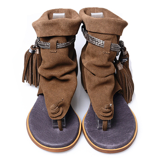 【断码捡漏】 綁带流苏夹脚磨砂牛皮凉鞋平底内增高坡跟罗马凉靴