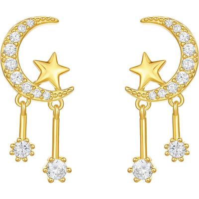 周六福S925银星月银耳饰女