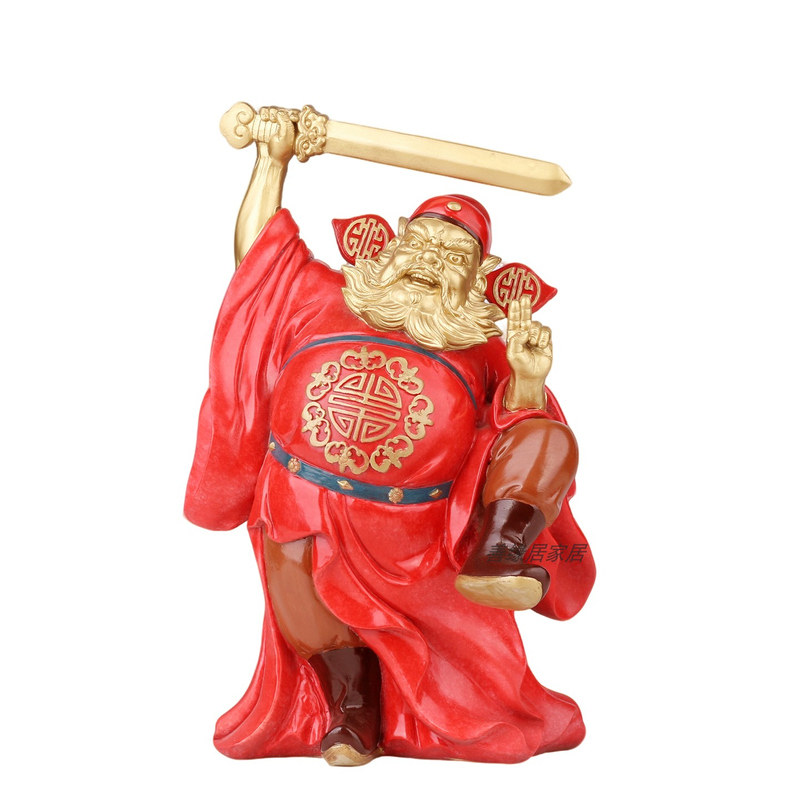 红衣彩绘铜钟馗摆件持剑天师钟馗