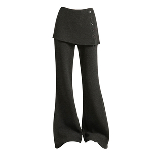 美拉德设计感屁帘高腰假两件喇叭裤裙女秋冬新款深灰色加绒马蹄裤